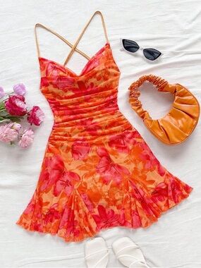 SHEIN Orange & Pink Floral Spaghetti-Strap Mini Dress